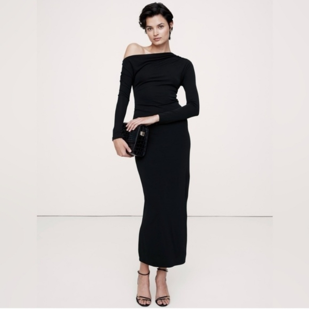 NWT Banana Republic Jersey Knit Asymmetrical Draped Maxi Dress Black